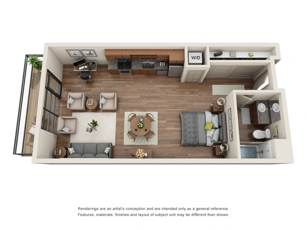 Floor plan for studio, 1 bath, 649 sqft